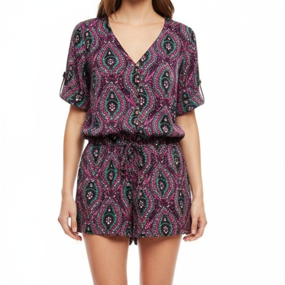 Kensie Size Small Multicolor Paisley Romper Playsuit Drawstring Button Front New